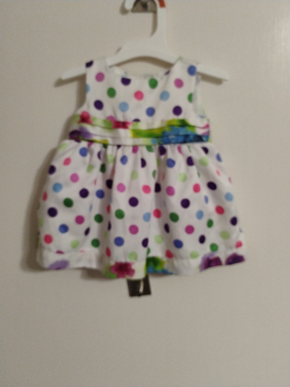 small wonders White Polka Dot Dress with Pink Purple Blue and Green Dots